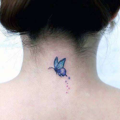 Small Cute Blue Butterfly Tattoo Womens Back