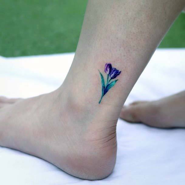 Small Cute Morning Glory In Blue Tattoo Women Ankles Art