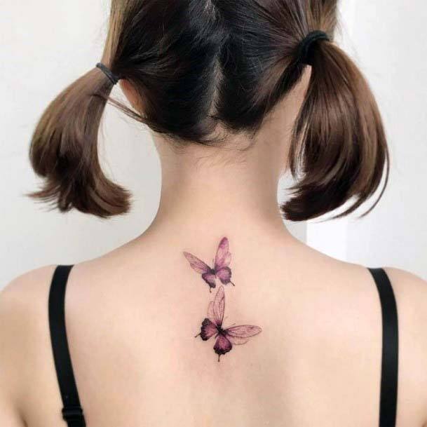 Small Cute Purple Butterfly Pair Tattoo Womens Back