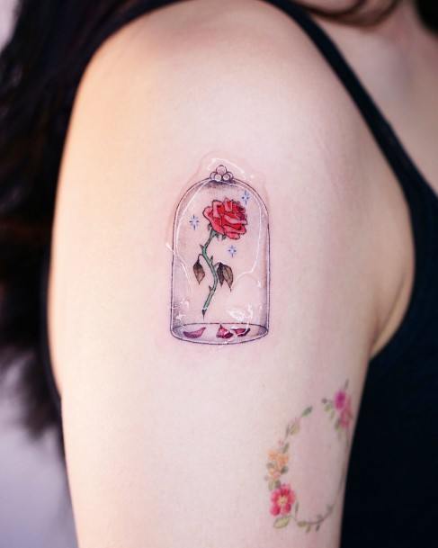 Small Glass Dome With Rose Arm Womens Beauty And The Beast Designs For Tattoos