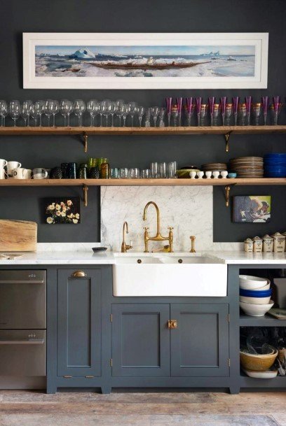 Small Kitchen Ideas Blue Themed With Gold Hardware