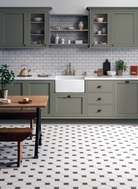 Small Pattern Squares And Diamonds Green Cabinets Kitchen Flooring Ideas