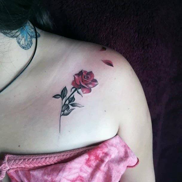 Small Red Rose Tattoo Womens Shoulder
