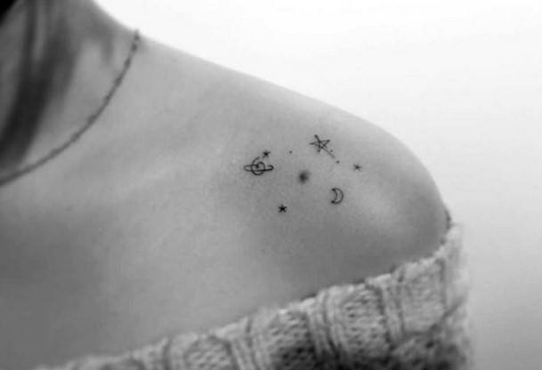 Small Revolving Heavenly Bodies Tattoo On Shoulder Women