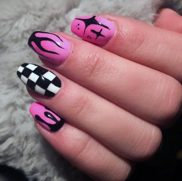 Smoking Pink And Checkered Nails Women