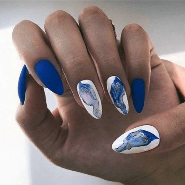 Smoky Blue Art On White Nails Women