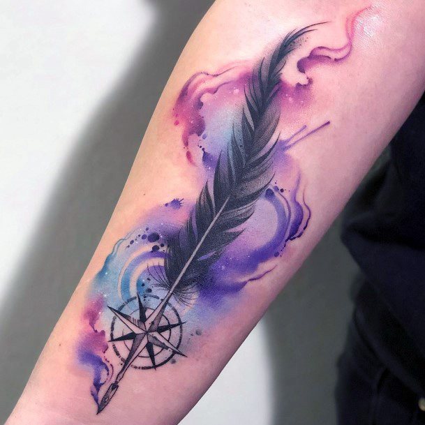 Smoky Purple And Pink With Black Feather And Compass For Women Art Tattoo