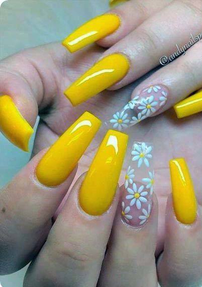 Smooth And Bright Yellow Nails With White Flowers Accent For Women