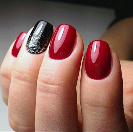 Smooth And Sexy Bright Red Nails With Black Silver Splash Accent For Women