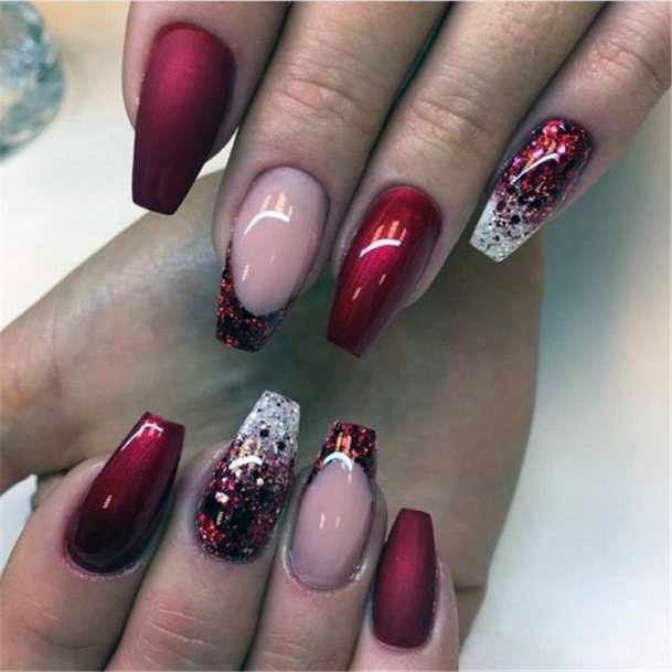 Smooth Crimson Red Nails With Glitter Women