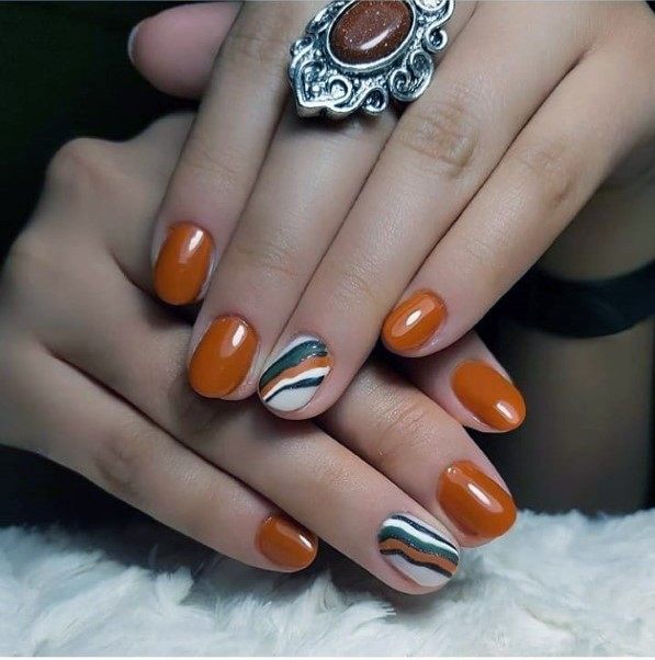 Smooth Pumpkin Orange Nails Marble Accent For Women