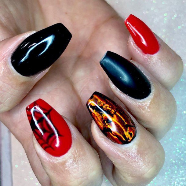 Smooth Sleek Orange Red And Black Halloween Nail Inspiration For Women