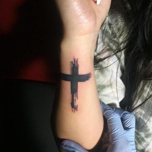 Smudged Black Cross Tattoo Wrists Women