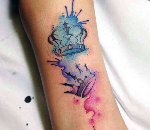 Smudged Blue And Pink Crown Tattoo For Women