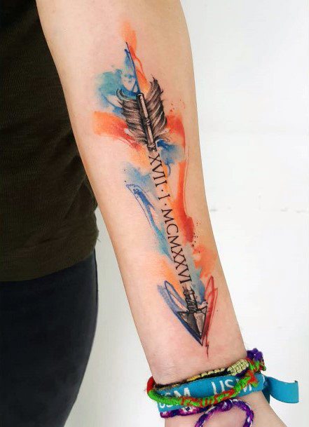 Smudged Orange And Blue Tattoo Of Arrow Womens Hands