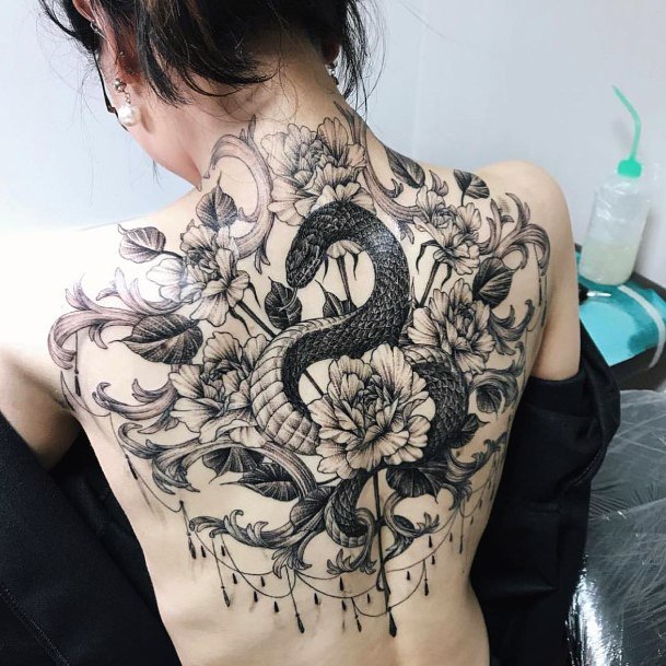 Snake And Flower Bunch Tattoo Grey For Women