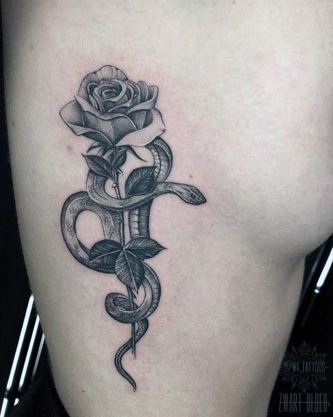 Snake And Rose Tattoo Womens Thighs