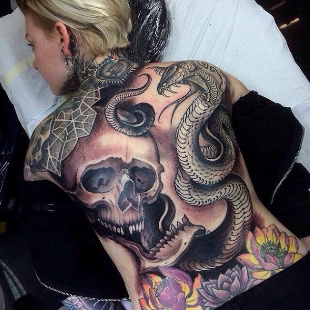 Snake And Skull Tattoo Womens Back