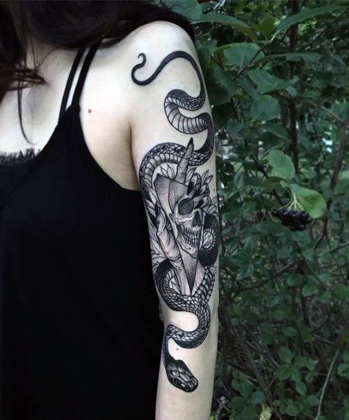 Snake And Skull Tattoo Womens Half Sleeve
