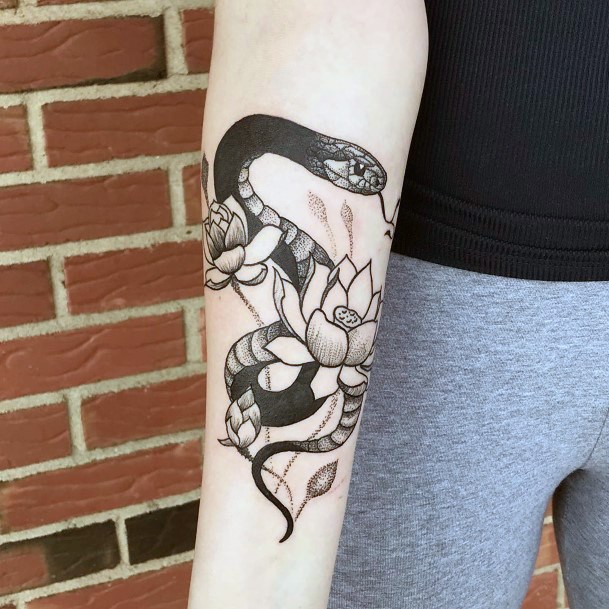 Snake Black And Lotus Flower Tattoo Womens Arm