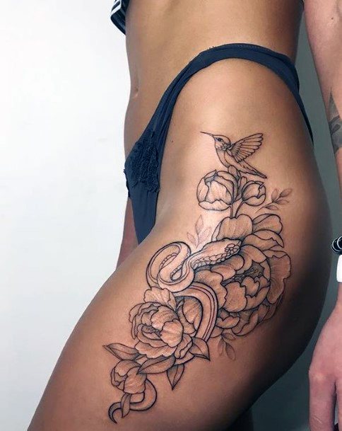 Snake Flower And Bird Tattoo Womens Legs