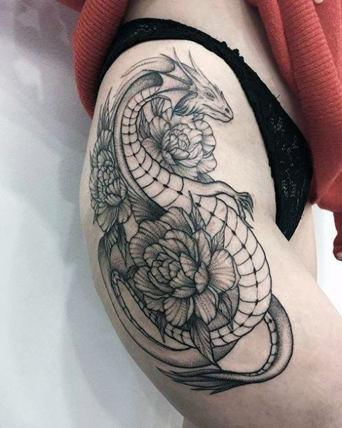 Snake Like Dragon And Flower Tattoo For Women