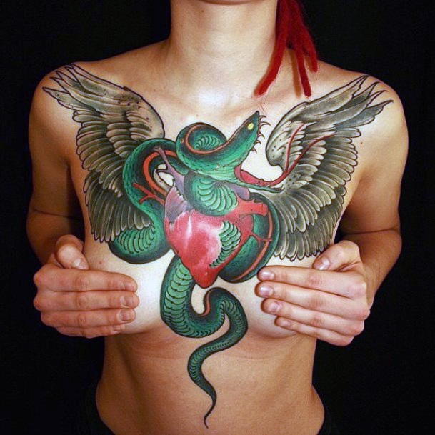 Sneaky Green Snake And Bloody Bird Tattoo Womens Chest