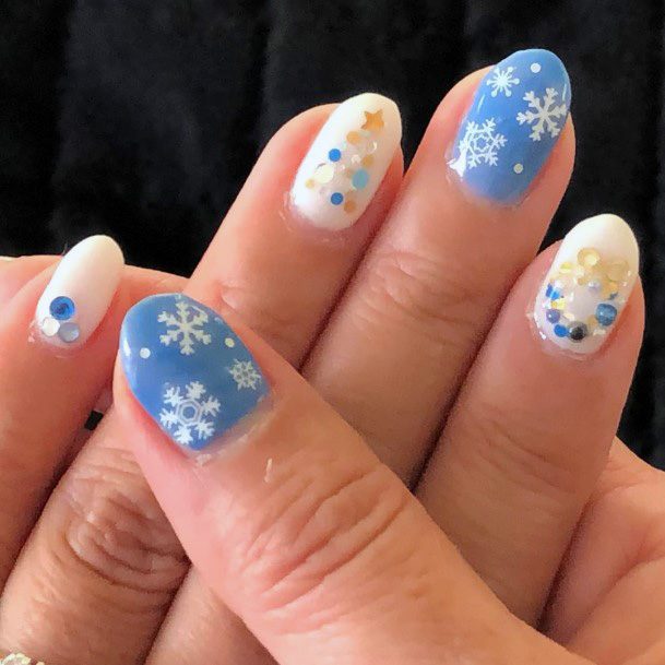 Snow White Flakes On Blue Nails With Sparkles For Women