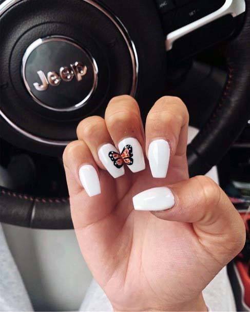 Snow White Summer Nails With Butterfly Pattern