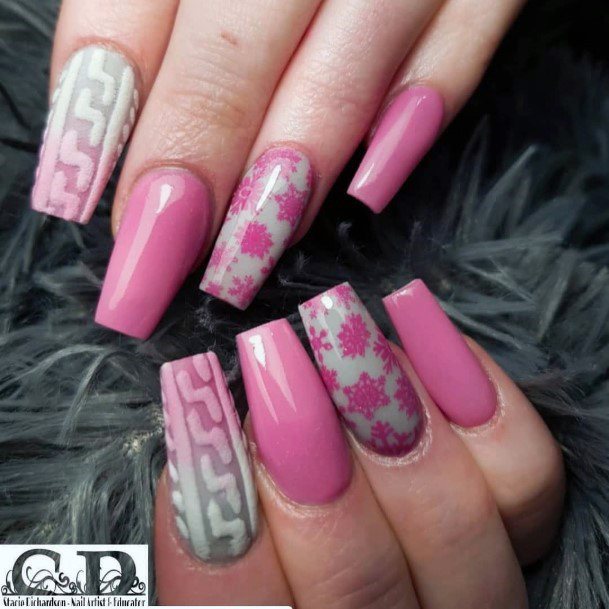 Snowflake Art Pink And Grey Nails For Women