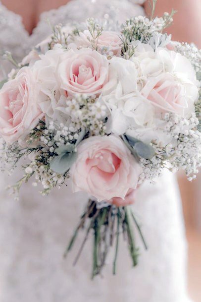 Snowy White And Blush Roses Wedding Flowers