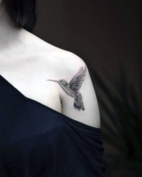 Soft Feathered Grey Hummingbird Tattoo Womens Shoulders