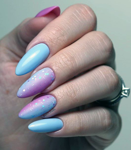 Soft Matte Blue And Purple Almond Nails Sparkly For Ladies