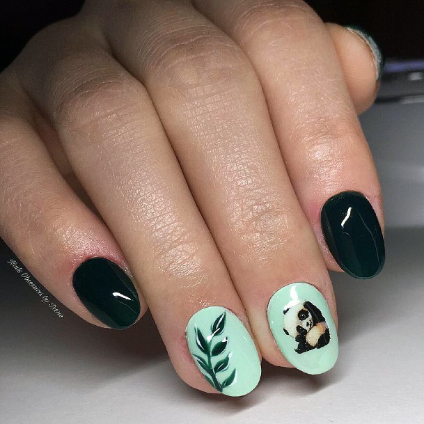 Soft Panda And Bamboo Leaves Art Black Nails