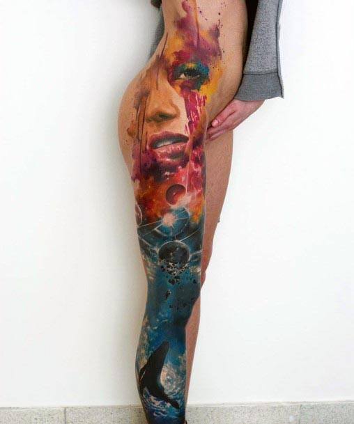 Solar System Water Color Tattoo Womens Legs