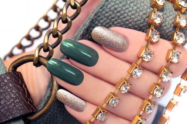 Solid Green And Gold Women Nails