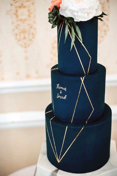 Sophisticated Navy Blue Fondant With Gold Geometric Designs Wedding Cake Ideas