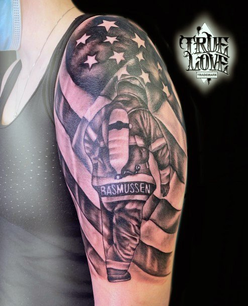 Space Suit And American Flag Tattoo Womens Arms