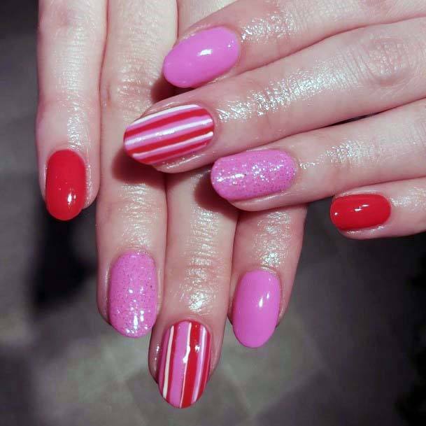 Sparkling Baby Pink And Red Striped Nails For Women