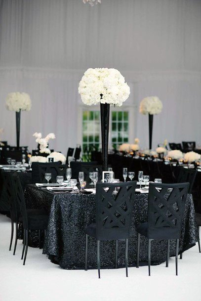 Sparkling Black Furniture And White Flowers Wedding Decor