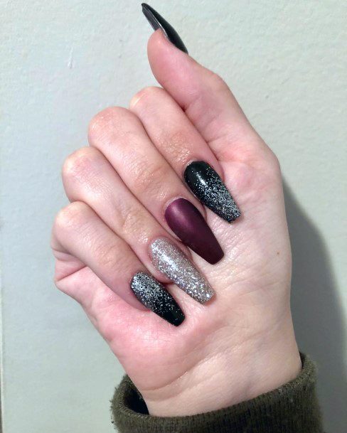 Sparkling Black Silver Pink Long Nails Women