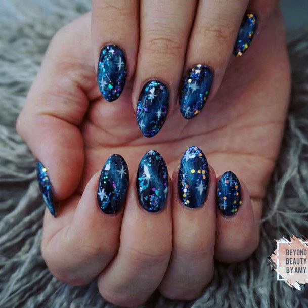 Sparkling Glamorous Black And Blue Almondgold Jewel Nail Design For Women