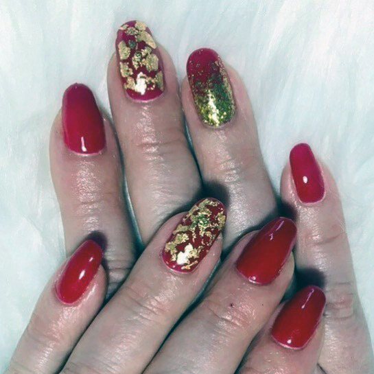 Sparkling Gold And Red Nails Women