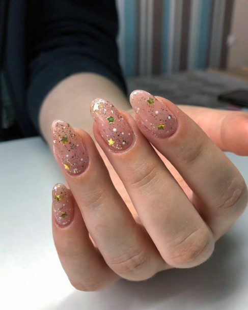 Sparkling Gold On Transparent Nails For Women