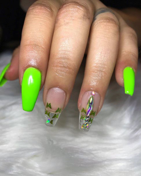 Sparkling Golden Butterflies On Neon Green Nails