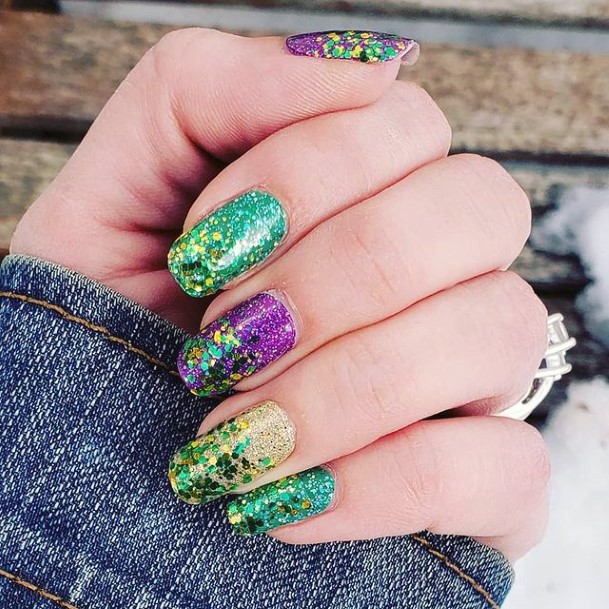 Sparkling Green Gold And Purple Nails Women