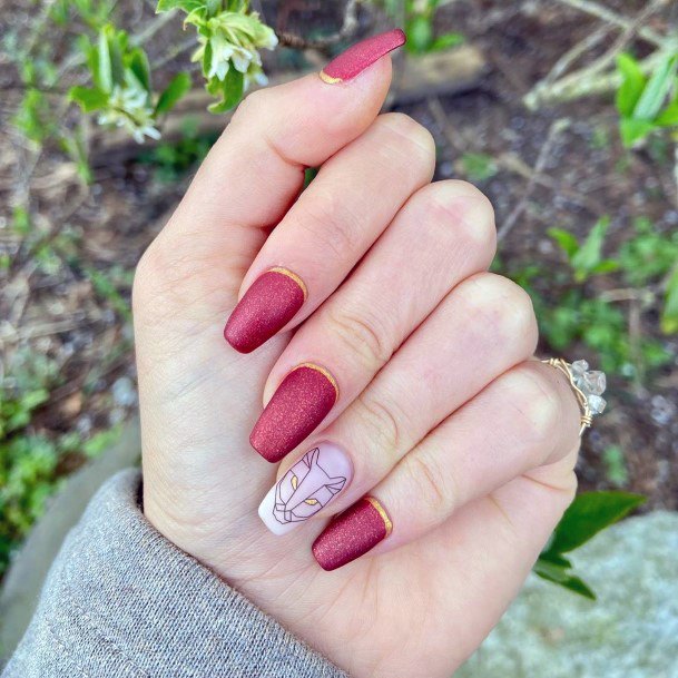 Sparkling Matte Red And Gold Nails