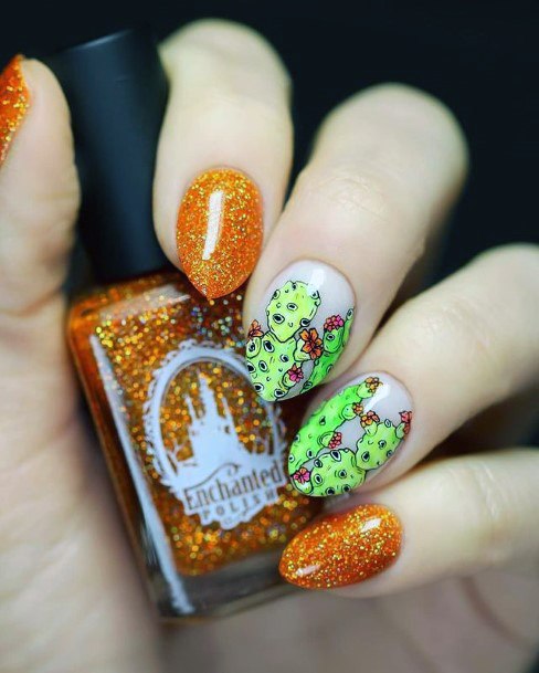 Sparkling Orange Green Cactus Nails Women