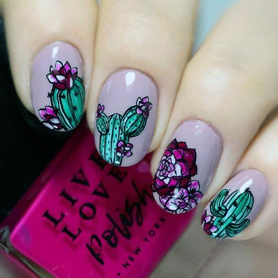 Sparkling Purple And Green Cactus Nails Women