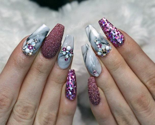 Sparkling Purple And White Marble Sugar Nails Women